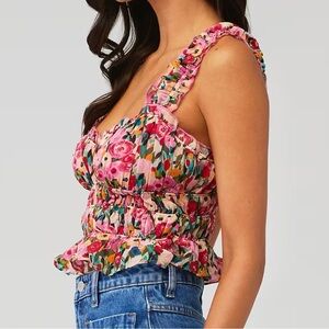 ASTR the Label Pink Floral Smocked Ruffle Crop Top Large NWT